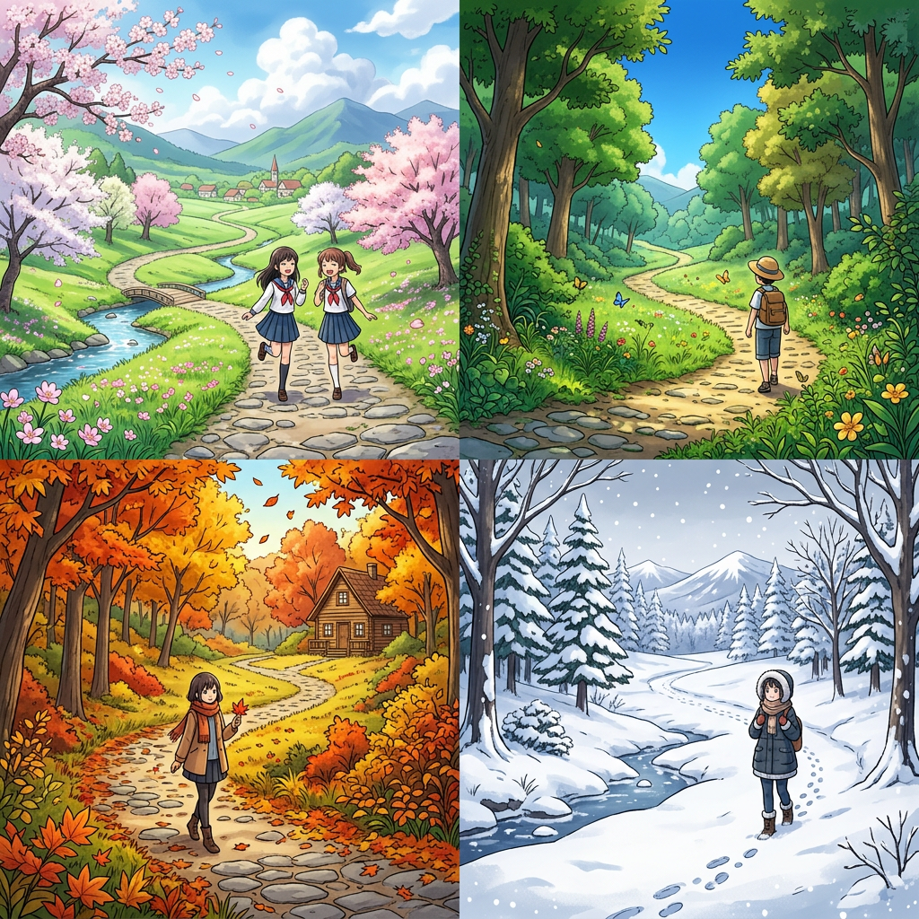 Four scenes showing paths in spring, summer, autumn, and winter with children walking.