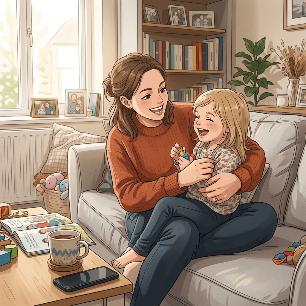 Mother hugging smiling daughter on a living-room sofa